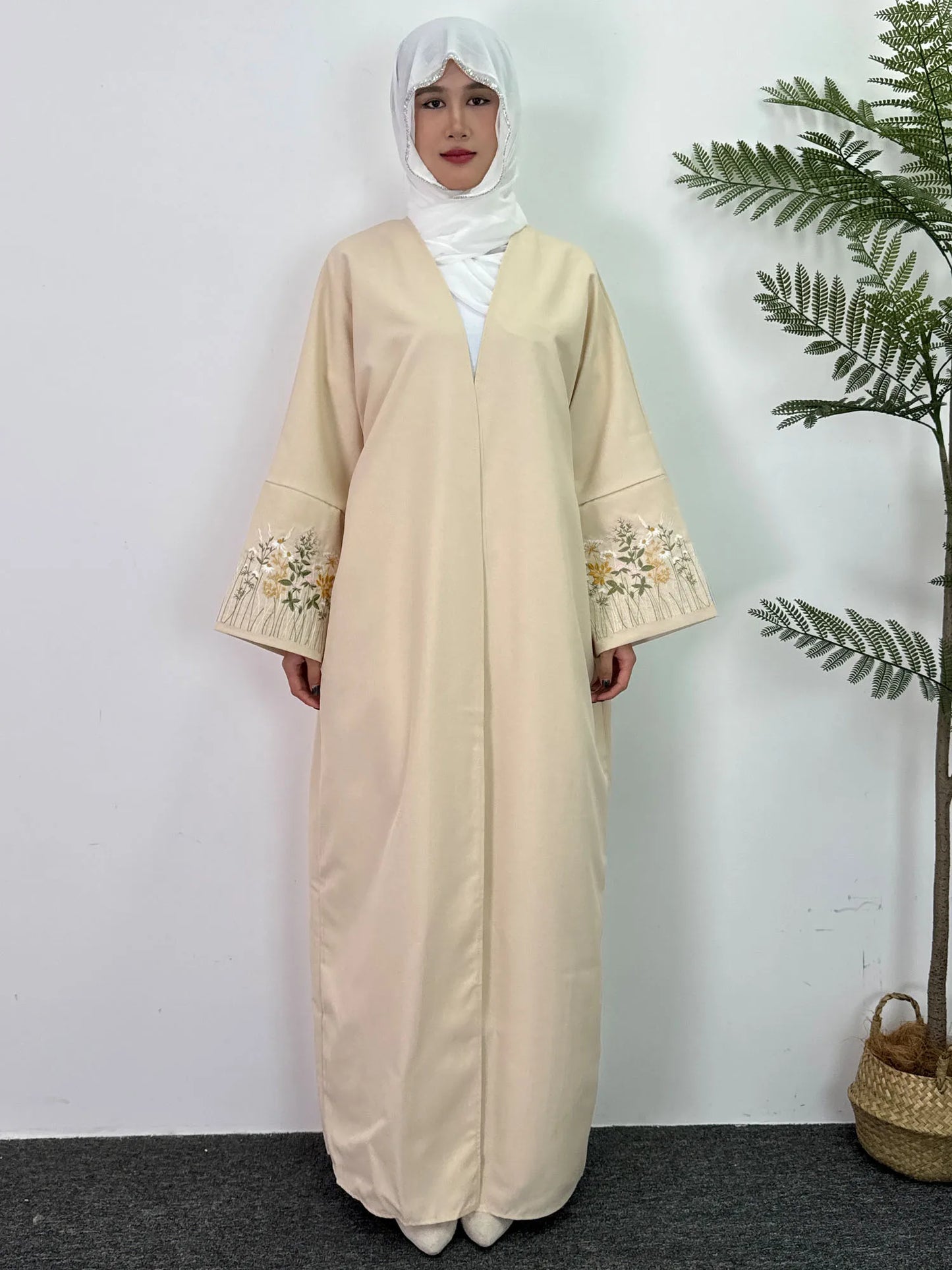 Embroidery Floral Open Front Abaya Women Maxi Length Dress Muslim Abayas Long Sleeve Kaftans Women Jilbabs Women's Clothing