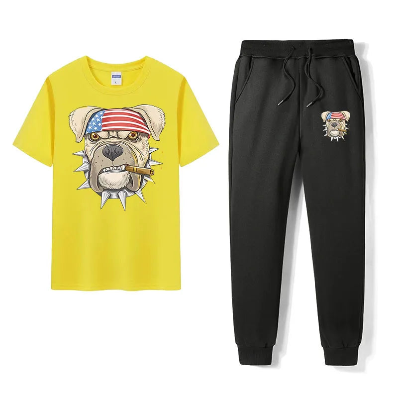 Cotton Shorts Set Man Short Sleeves USA Dog Tshirt Pants 2 Pieces Mes Outfits Sweat suits Jogging Sets Man Sportswear Male Sets