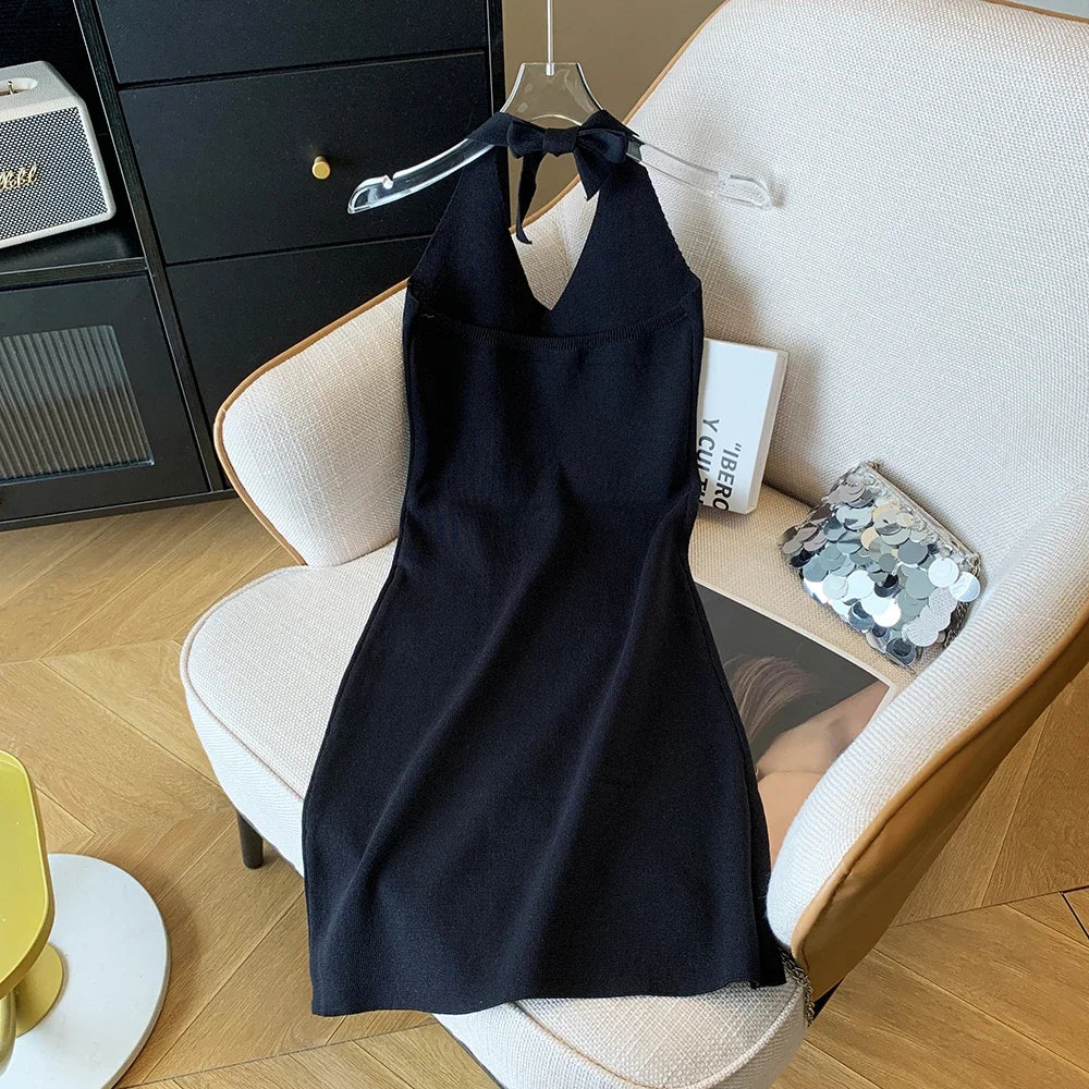 Summer Autumn Sleeveless Sweater Dress Women Mini Dresses Fashion Female Elastic Skinny Sexy Neck-mounted Knitted Dress Camisole