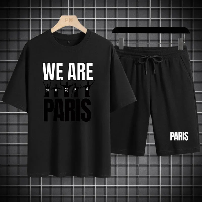 Cotton Short Sets Men Set PARIS Football Team T-Shirts Shorts Sport Suit Sweatsuit Men Tracksuit Casual Cotton Short Sets Men