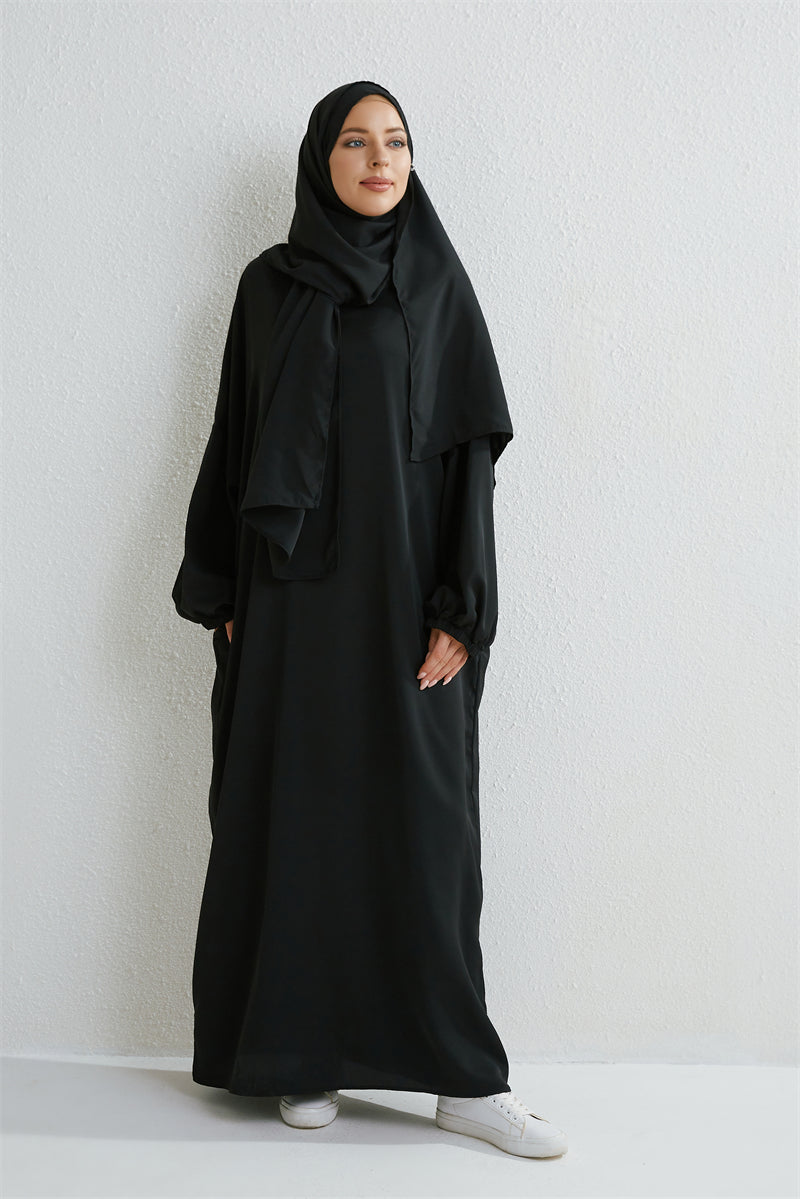 Muslim Abaya One-piece Prayer Dress Hooded Smocking Sleeve Islamic Clothing Women Jilbab Dubai Saudi Black Robe Turkish Modesty