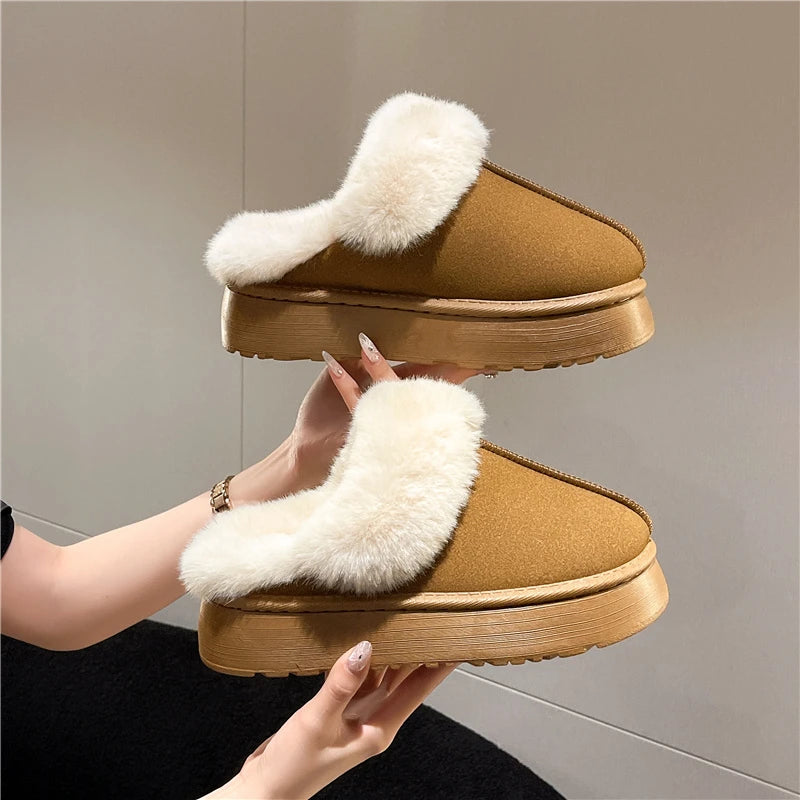 Women's new fur slippers for outdoor wear, 2024 winter short tube snow boots, thick soled warm cotton slippers