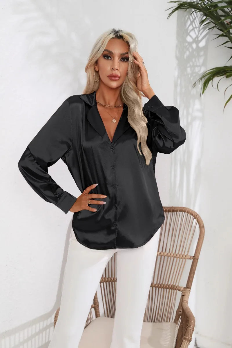 2024 Spring Summer Women Shirts Office Lady Woman Long Sleeve Satin Turn-down Collar Blouse with Single Breasted Female Blouses