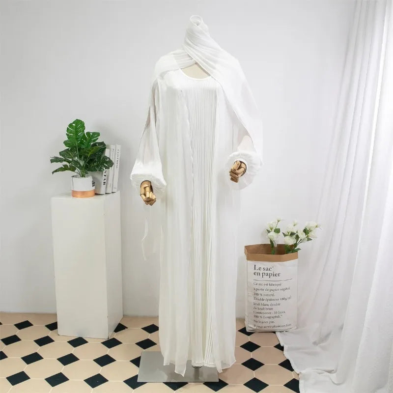 3pcs Open Front Abaya Muslim Out Kaftan Sleeveless Maxi Inner Dress Hijab Jilbab Muslim Sets Cardigan Coat Prayer Women Clothing