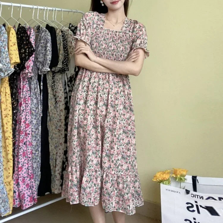 Spring Summer Elastic Waist Chiffon Dress Women Casual Dresses Vestidos Fashion Female Short Sleeve Pleated A-line Dresses