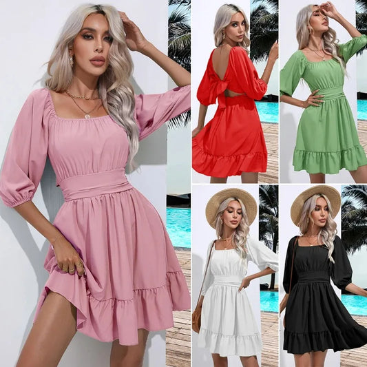 Summer Women Dresses Square Collar Bohemian RUFFLES Elastic Waist Above Knee Mini Dress Short Sleeves Pullover Mujer Vestidos