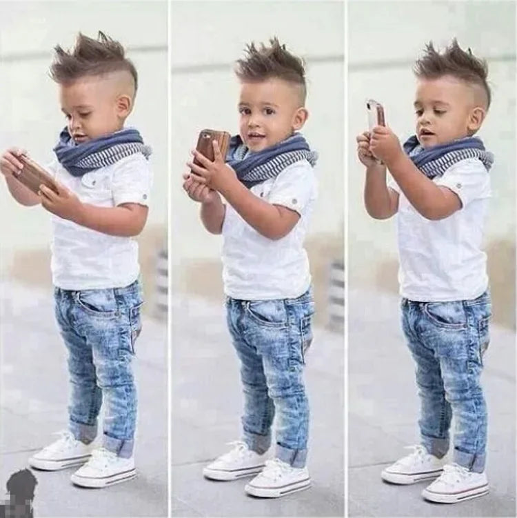 Fashion Kids Clothes Boys Outfit Set Cotton Cotton Short Sleeve O-Neck Tops+Jeans+Scarf Summer Children Boys Clothing 2-7 Years