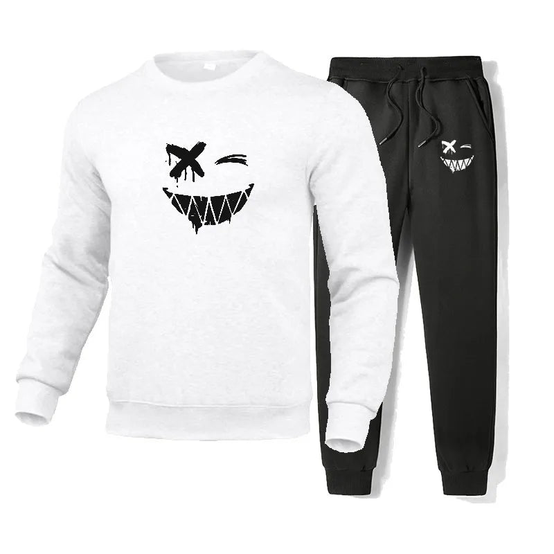 Cotton Tracksuit Men smile face printed Sweatshirt Sweatpants 2 piece Men Sets Sport Suit Cotton Sweatsuits jogging Male set