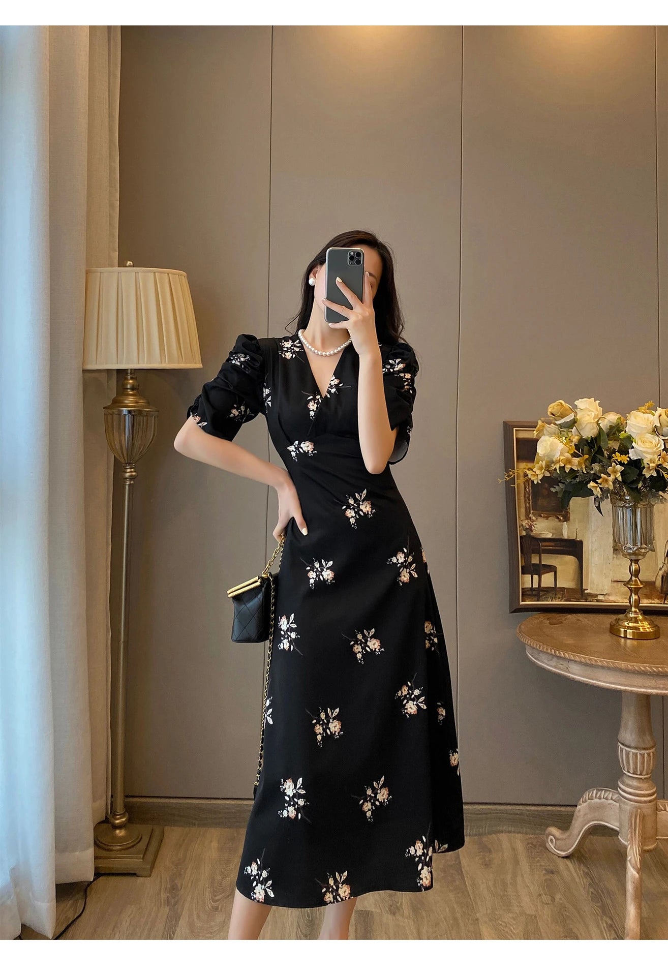 Spring Summer Chiffon Dress Women Casual Dresses Fashion Female Printed Floral V-neck Short Sleeve A-line Dresses Vestidos