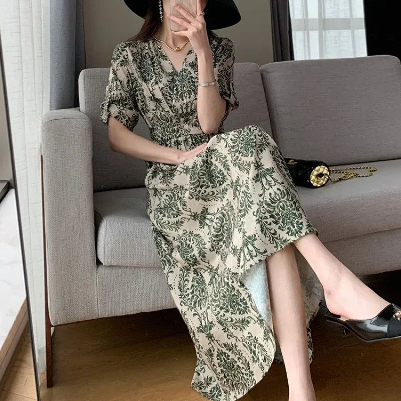 Spring Summer Printed Floral Dress Women Casual Dresses Fashion Female Vestidos Short Sleeve Vintage V-neck A-line Dresses