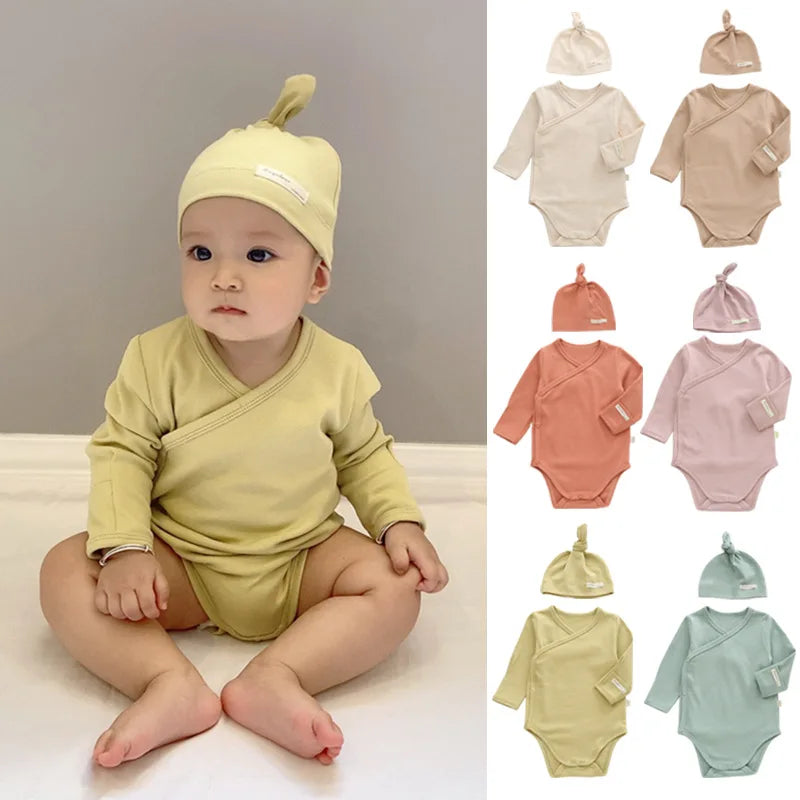 Fashion Solid Color Boys Bodysuit + Hat 2 Pcs Spring & Autumn Baby Girl Bodysuit Long Sleeves Newborn Clothes 3-18 Months