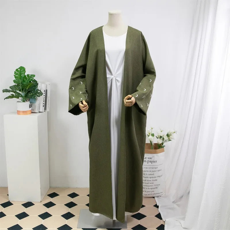 Loose Kaftan Muslim Abayas Women's Islamic Clothing Moon Embroidery Open Front Abaya Long Sleeve Maxi Length Dress Women Jilbabs