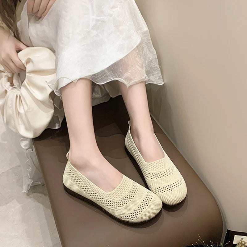 Women's casual single shoes, summer new comfortable and versatile flat bottomed loafers, breathable mesh ballet shoes