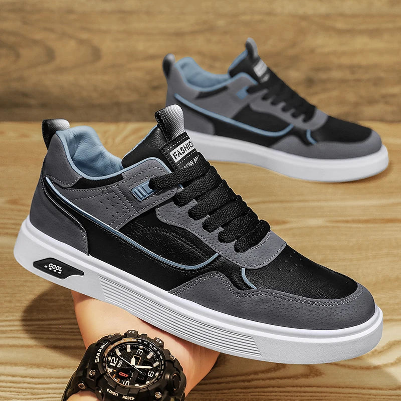 Men's new casual sports shoes leather spring and autumn lace-up white men's shoes vulcanized walking men's shoes