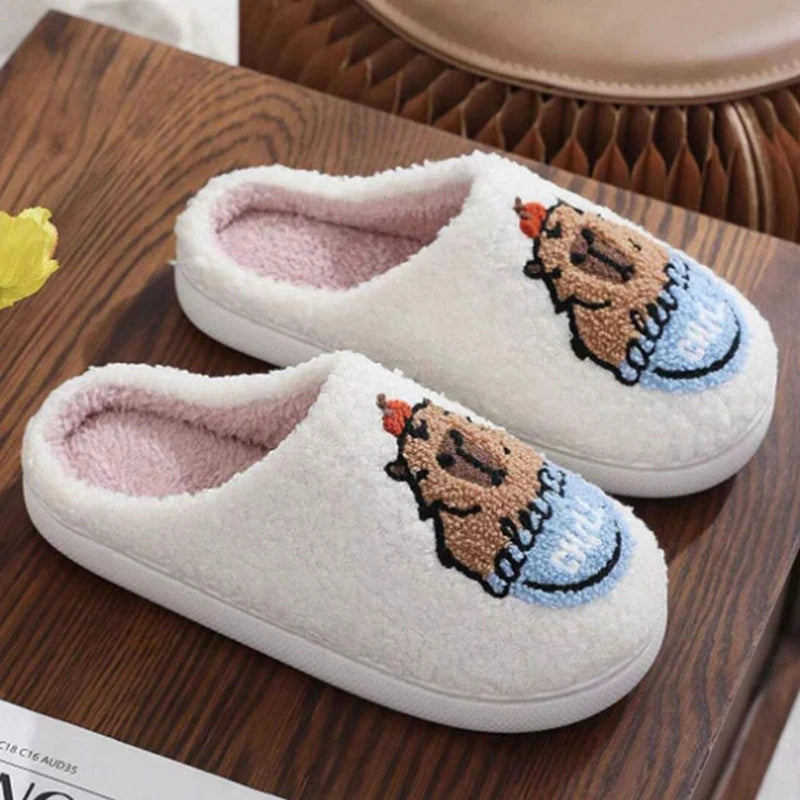 Cartoon Flat Heels Cotton Slippers Women 2024 Winter Non Slip Home Plush Slippers Woman Comfort Soft Sole Funny Shoes Footwear