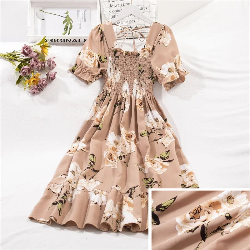 Spring Summer Chiffon Dresses Fashion Female Elastic Waist Short Sleeve Pleated Casual Dress Women A-line Dresses Vestidos