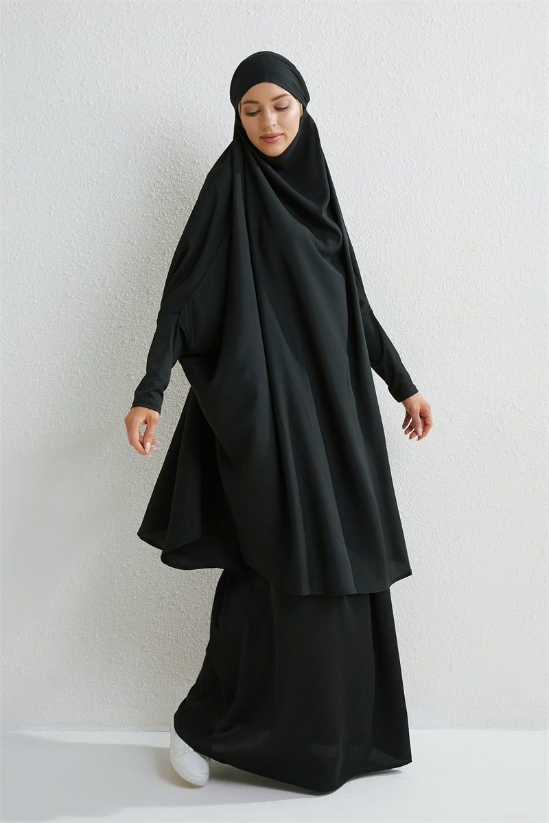 Muslim Sets Two Pieces Prayer Clothing Long Hooded Smocking Sleeve Shirts Hijab Loose Maxi Skirts Elastic Waist Women Abaya Sets