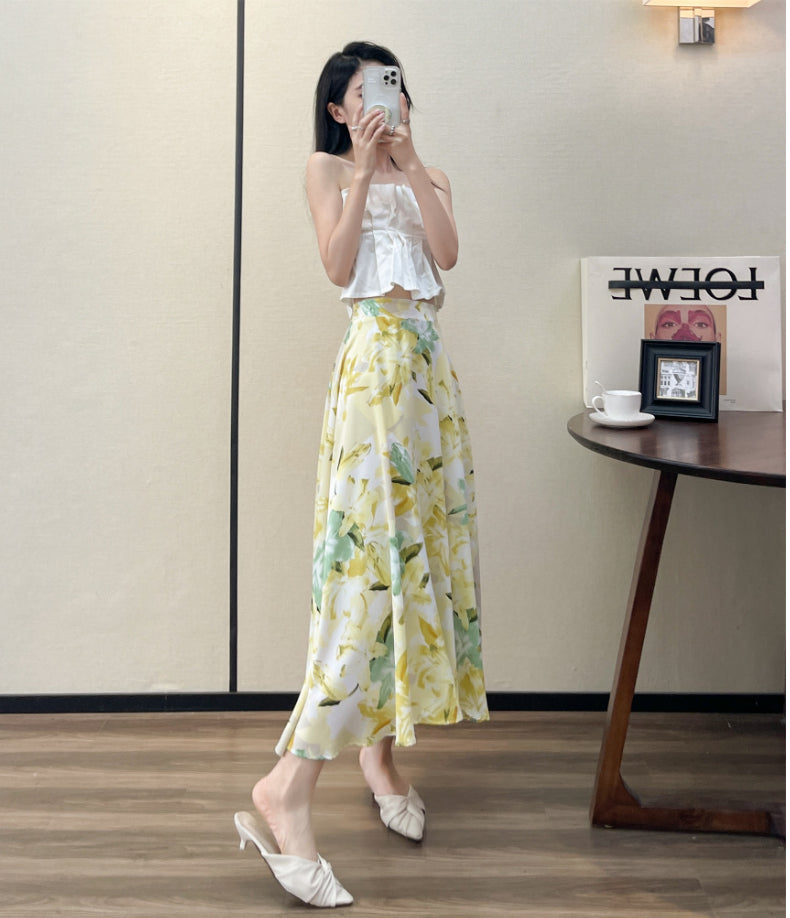 2022 Summer High Waist Women Skirts Casual Floral Printed Chiffon Woman Midi Skirts Bohemian Beach Holiday Long A-line Skirts