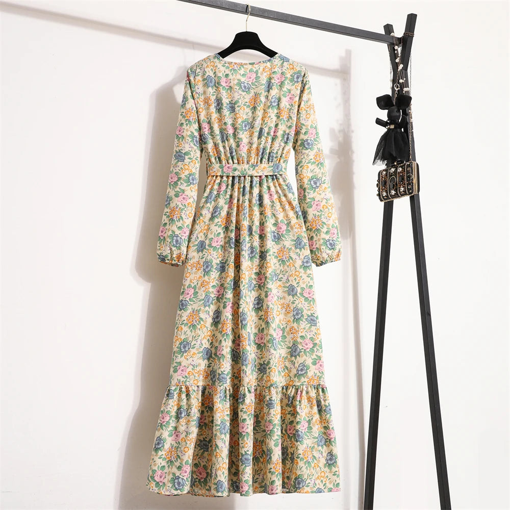 Autumn Spring Women Chiffon Dresses O-neck Mujer Vestidos Female Vintage Floral Printed Full Sleeve A-line Long Maxi Dresses