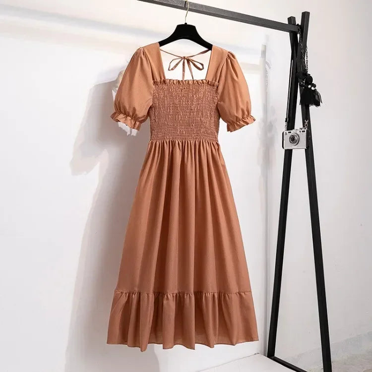 Spring Summer Elastic Waist Chiffon Dress Women Casual Dresses Vestidos Fashion Female Short Sleeve Pleated A-line Dresses