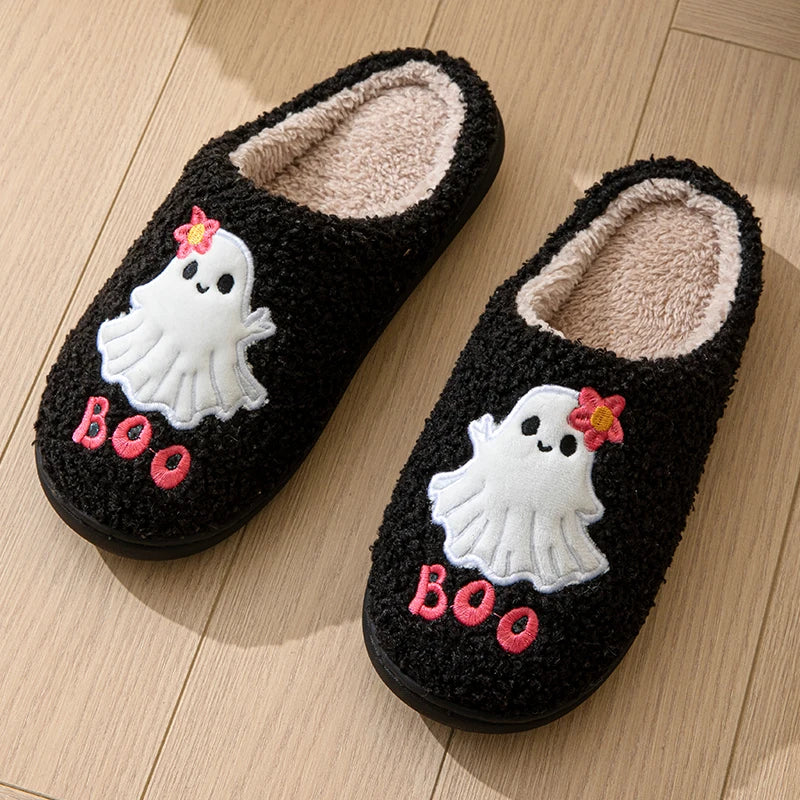 Halloween Cartoon Cotton Slippers Women 2024 Winter Warm Fluffy Fur Home Shoes Woman Flat Heels Indoor Bedroom Plush Slippers