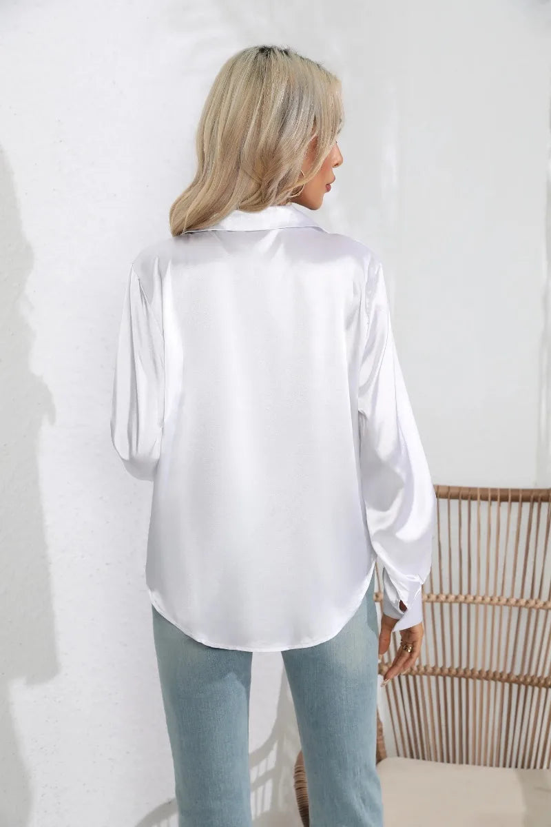 2024 Spring Summer Women Shirts Office Lady Woman Long Sleeve Satin Turn-down Collar Blouse with Single Breasted Female Blouses