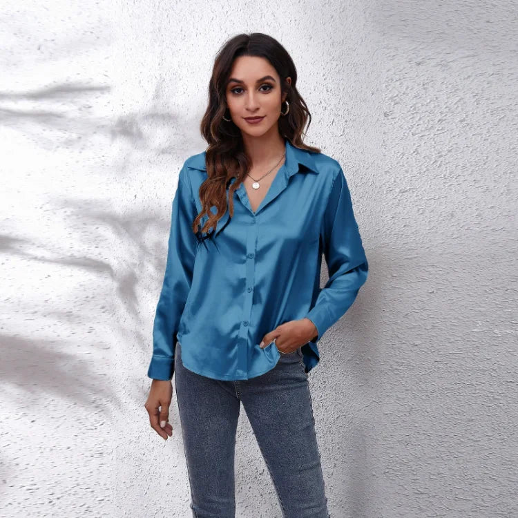 Spring Summer Long Sleeve Women's Silk Shirt Office Ladies Stain Blouses Solid Turn-down Collar Single Breasted Woman Shirts