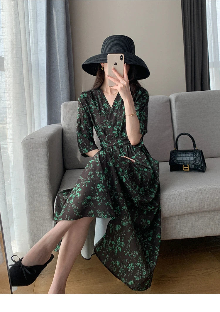 Spring Summer Printed Floral Dress Women Casual Dresses Fashion Female Vestidos Short Sleeve Vintage V-neck A-line Dresses