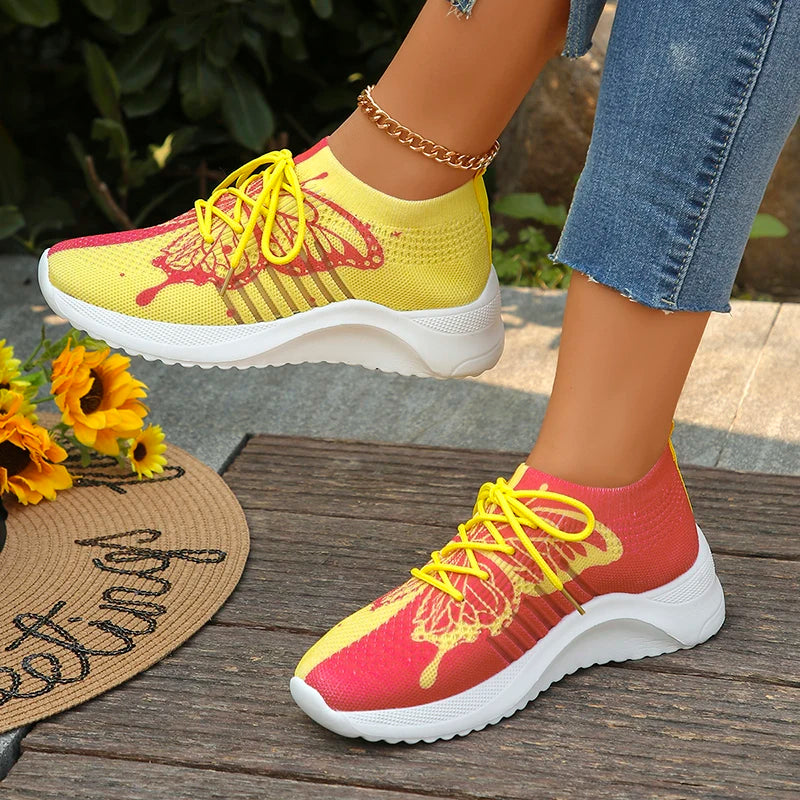 Butterfly Printed Knitted Sneakers Women Lightweight Anti-Slip Breathable Casual Shoes Woman 2024 Fashion Lace Up Tennis Shoes