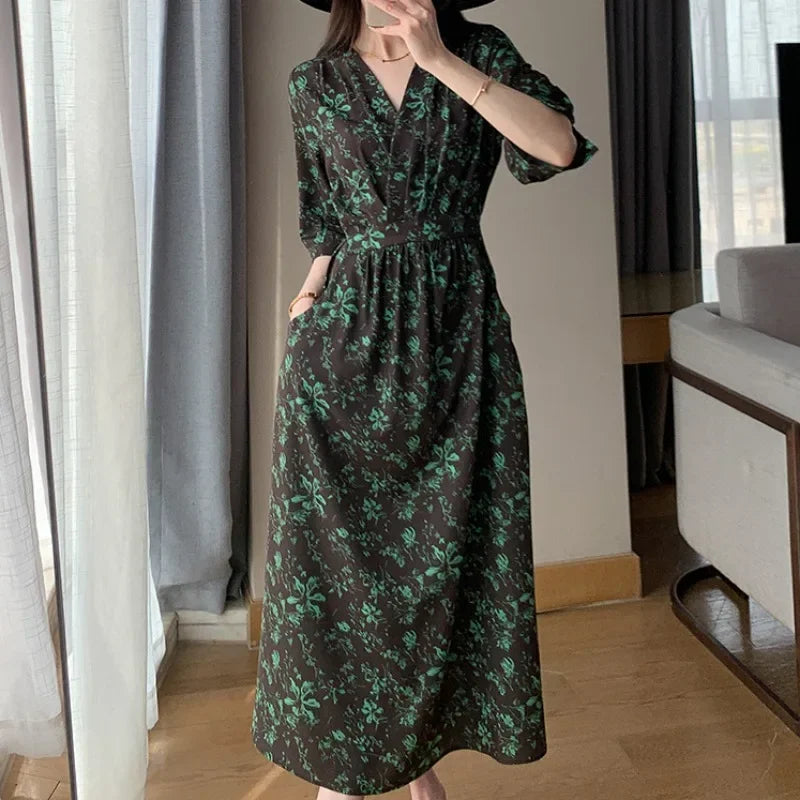 Spring Summer Printed Floral Dress Women Casual Dresses Fashion Female Vestidos Short Sleeve Vintage V-neck A-line Dresses