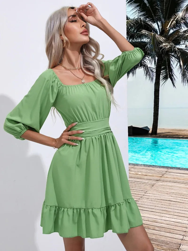 Summer Women Dresses Square Collar Bohemian RUFFLES Elastic Waist Above Knee Mini Dress Short Sleeves Pullover Mujer Vestidos