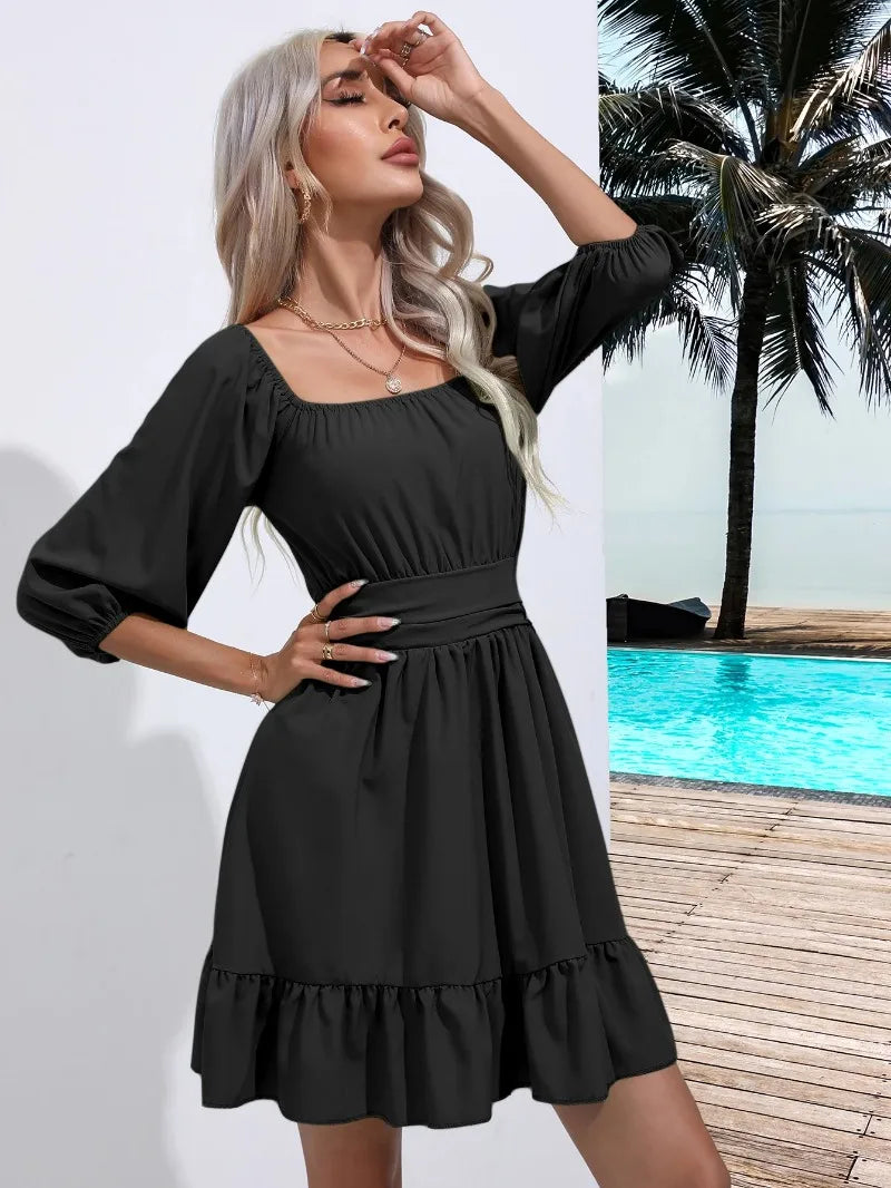 Summer Women Dresses Square Collar Bohemian RUFFLES Elastic Waist Above Knee Mini Dress Short Sleeves Pullover Mujer Vestidos