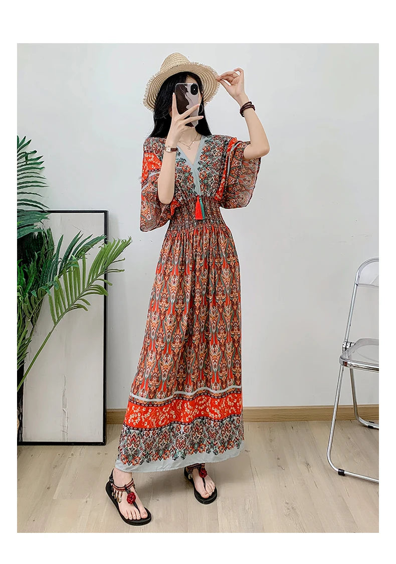 Print Floral Short Sleeve Maxi Dress Women Dresses Summer Spring V-neck Fashion Female Vintage Poplin Bohemian Beach Dresses