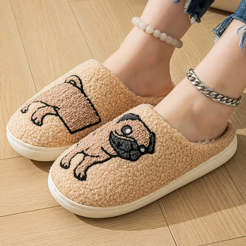 Cartoon Cat Puppy Embroidered Home Slippers Women 2024 Winter Closed Toe Cotton Slippers Woman Non Slip Flat Heels Indoor Shoes