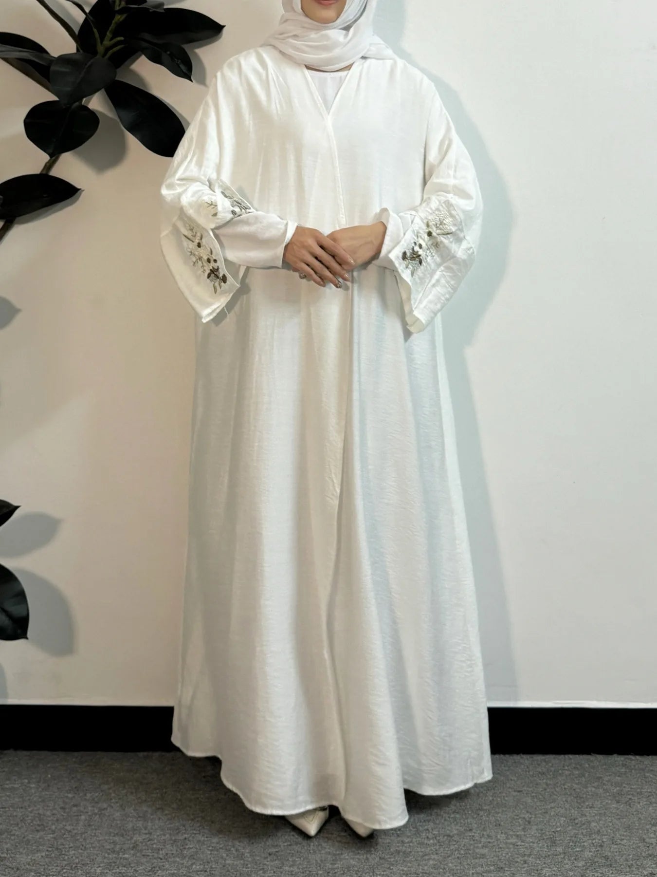 Embroidery Floral Open Front Abaya Muslim Kaftans Long Sleeve Loose Maxi Ramadan Prayer Dresses Islamic Clothing Muslim Jilbabs