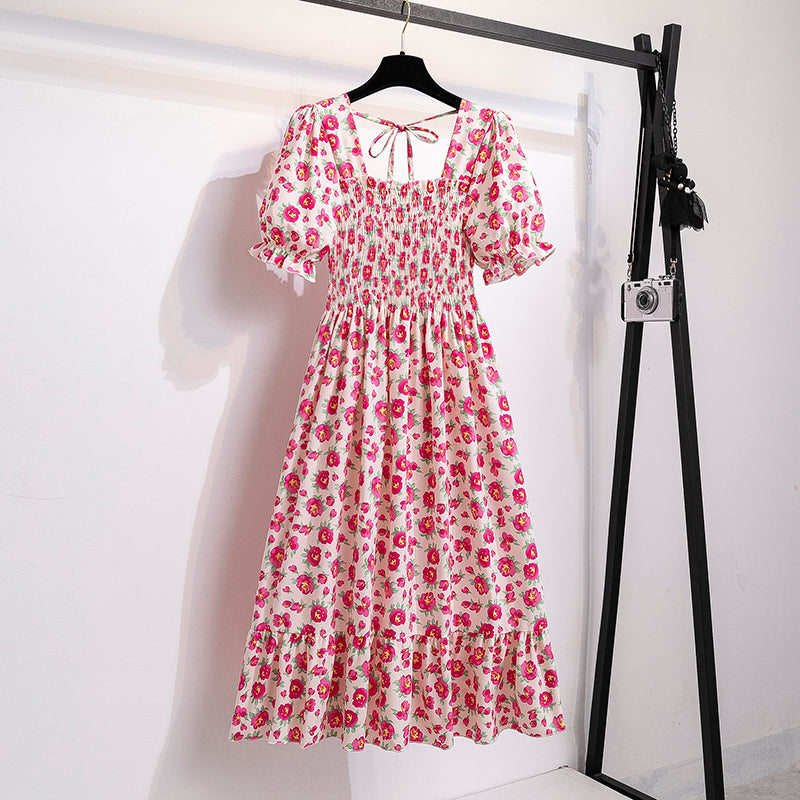 2023 Spring Summer Short Sleeve Casual Dresses Female Elastic Waist Pleated Backless Chiffon Dress Women Midi Dresses Vestidos