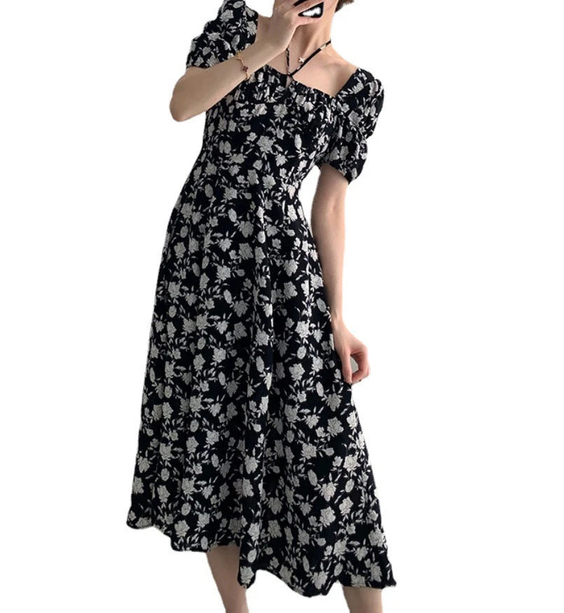 Spring Summer Chiffon Dress Women Casual Dresses Fashion Female Square Collar Short Sleeve Split A-line Dresses Vestidos