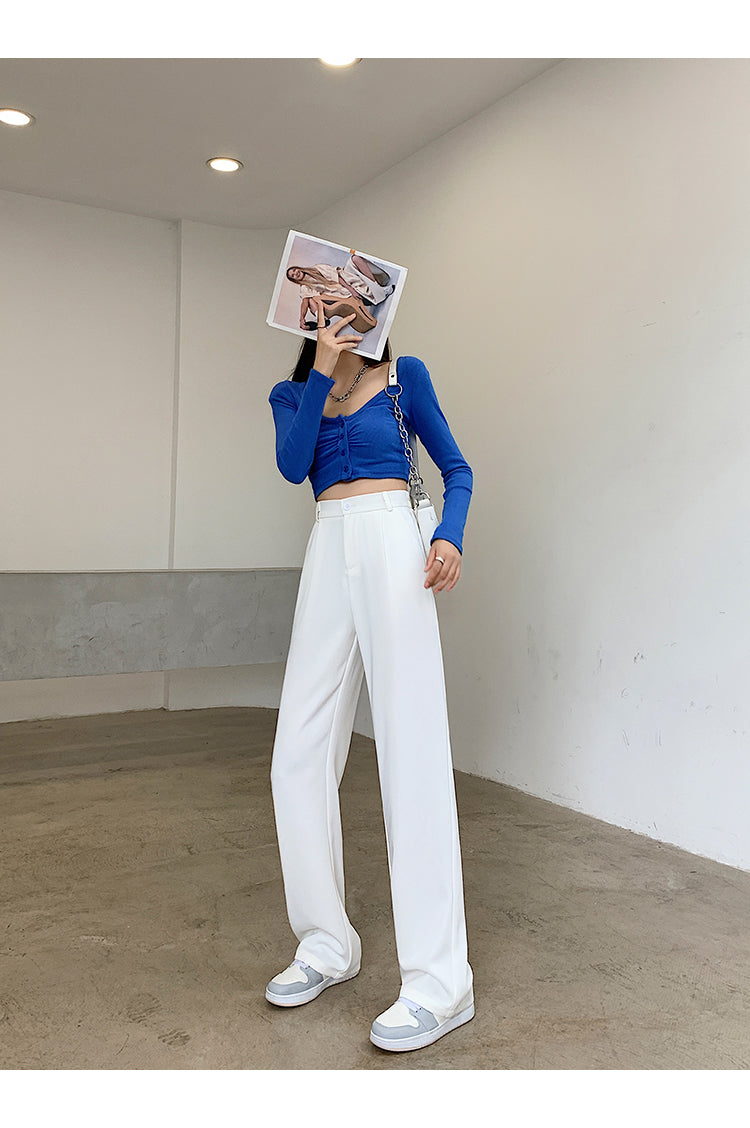 Women High Waist Floor-Length Suits Pants Autumn Winter White Loose Wide Leg Pants Female Office Ladies Straight Long Trousers