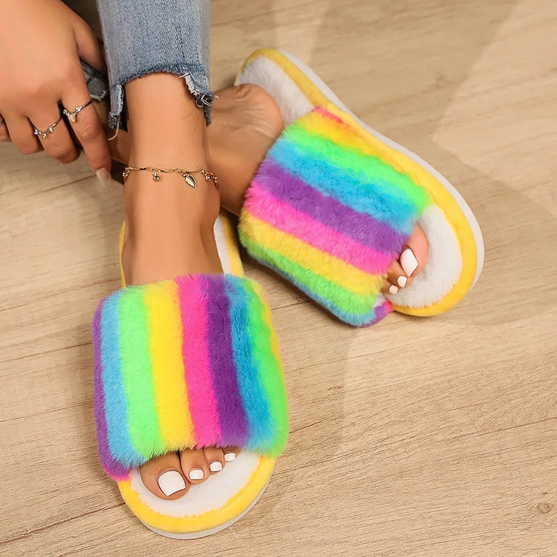 Colorful Fluffy Fur Slippers Women 2024 Winter Warm Flat Heels Home Cotton Slippers Woman Non Slip Indoor House Shoes Slides