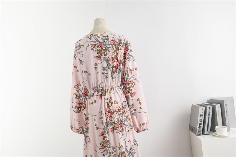 Spring Autumn Women Chiffon Dresses Casual Floral Printed Bark Crinkling Long Dresses O-neck Long Sleeve Loose Muslim Maxi Dress