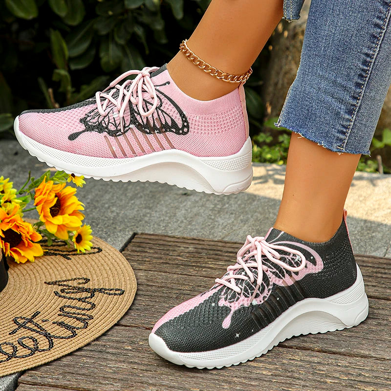 Butterfly Printed Knitted Sneakers Women Lightweight Anti-Slip Breathable Casual Shoes Woman 2024 Fashion Lace Up Tennis Shoes