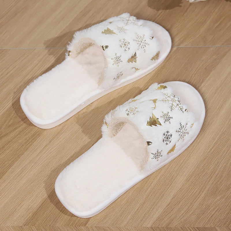 Christmas Style White Fluffy Slippers Women 2024 Winter Warm Flat Heels Home Fur Slippers Woman Non Slip Cotton House Shoes