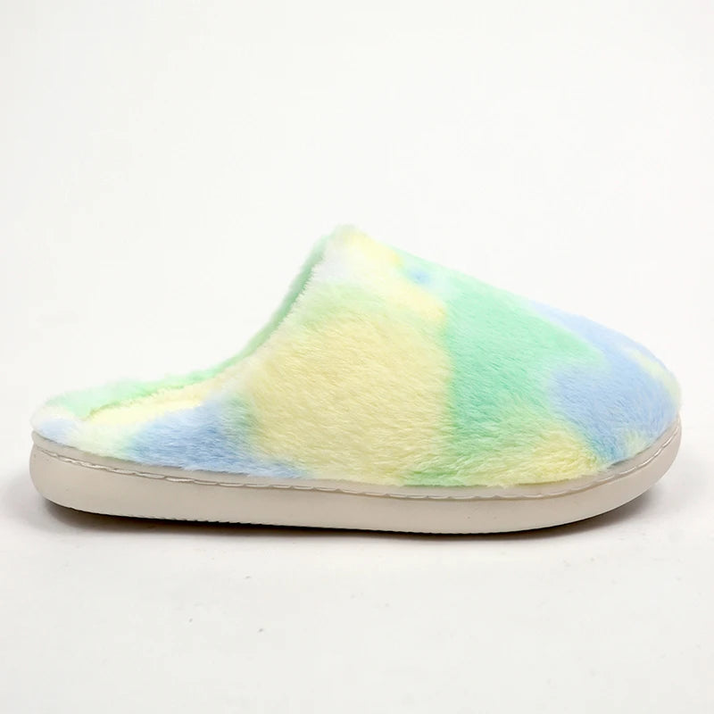 Tie Dye Fluffy Fur Slippers for Women 2024 Winter Closed Toe House Home Slippers Woman Non Slip Flat Heels Indoor Cotton Shoes