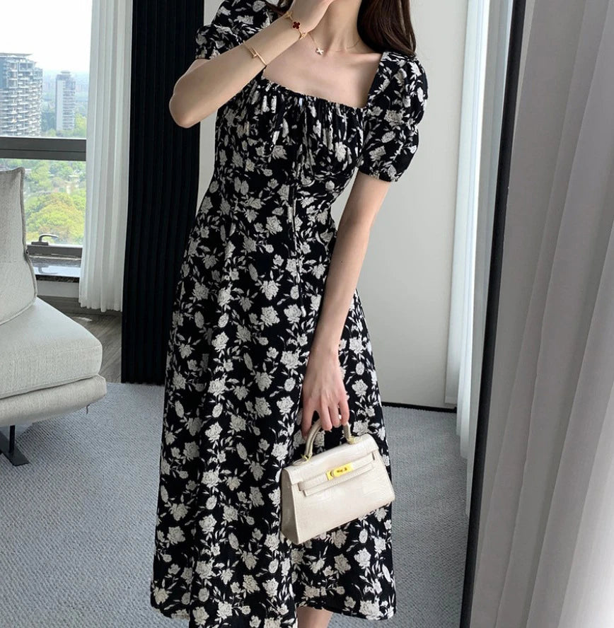 Spring Summer Chiffon Dress Women Casual Dresses Fashion Female Square Collar Short Sleeve Split A-line Dresses Vestidos