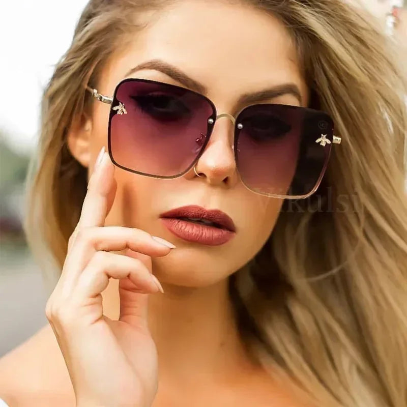 Luxury Brand Designer Sunglasses Woman Vintage Rimless Square Sun Glasses Female Gradient Shades Little Bee Ladies Oculos