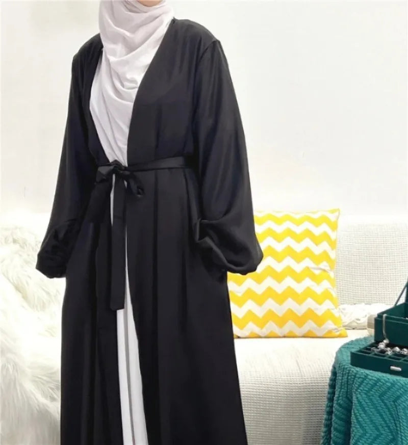 Women Abayas Muslim Kaftan Puff Sleeves Lace-up Maxi Length Ramadan Dresses Jilbabs Open Front  Abayas Outwear Cardigan Coats