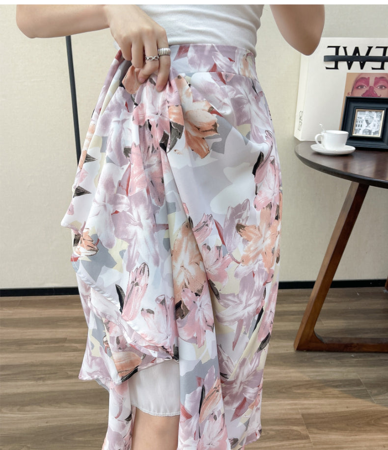 2022 Summer High Waist Women Skirts Casual Floral Printed Chiffon Woman Midi Skirts Bohemian Beach Holiday Long A-line Skirts