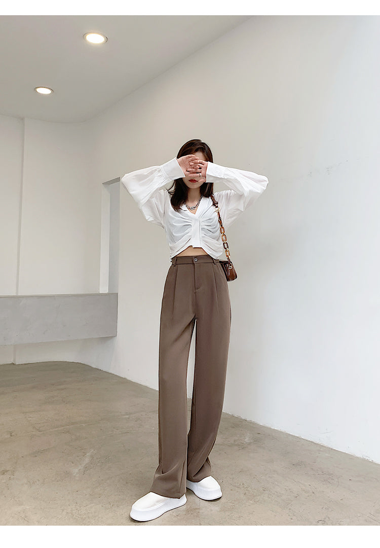 Women High Waist Floor-Length Suits Pants Autumn Winter White Loose Wide Leg Pants Female Office Ladies Straight Long Trousers