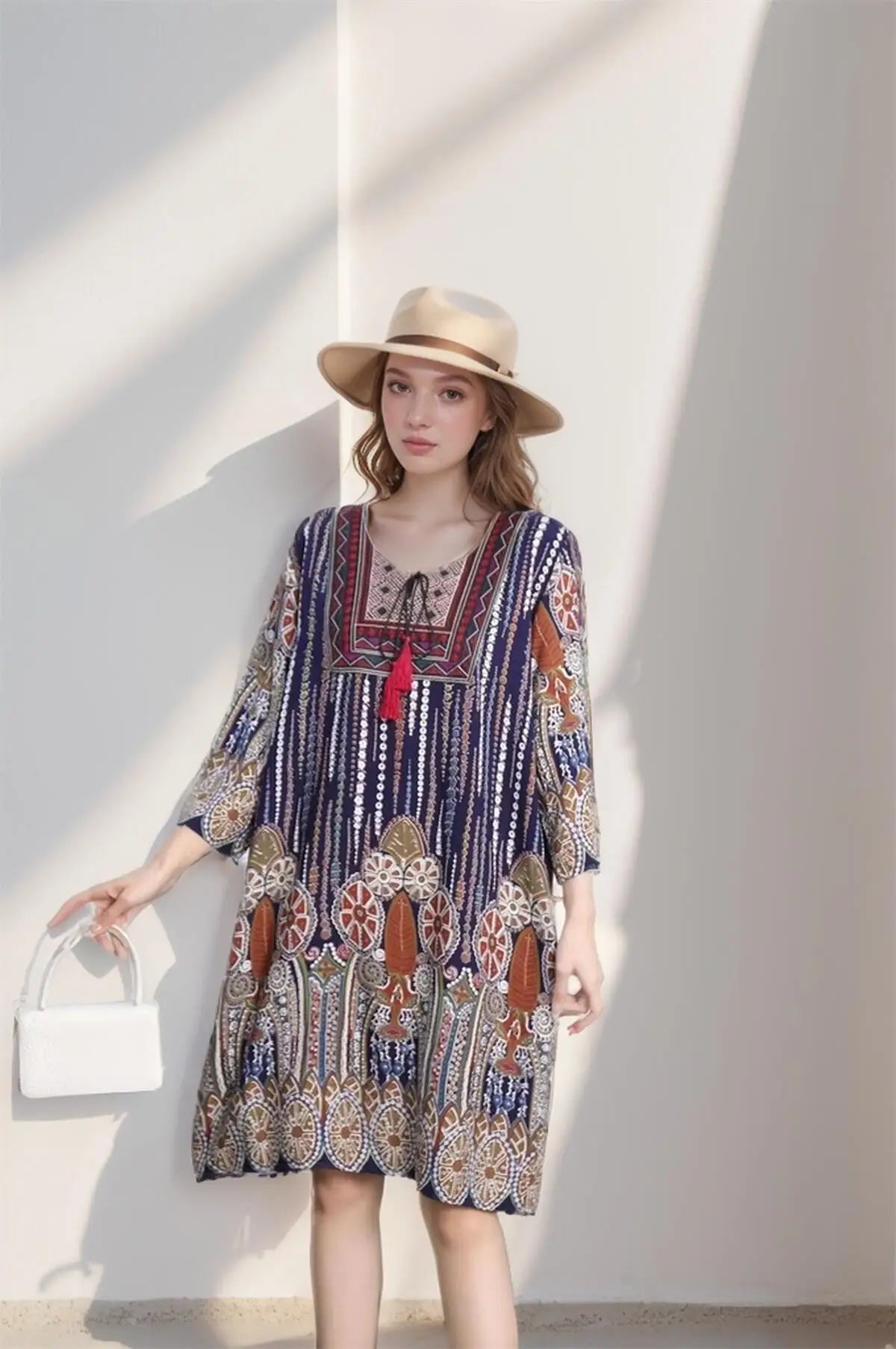 Print Floral Short Sleeve Loose Mini Dress Women Dresses Summer Spring Fashion Vintage Tassel Poplin Bohemian Beach Dresses