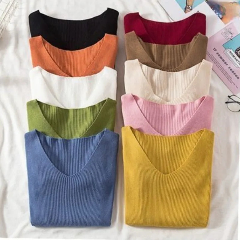 Women Knitted Shirts Fashion Female Autumn Winter Long Sleeve V-neck Skinny Elastic Casual Thin Sweater Pullover Tops Knitwear